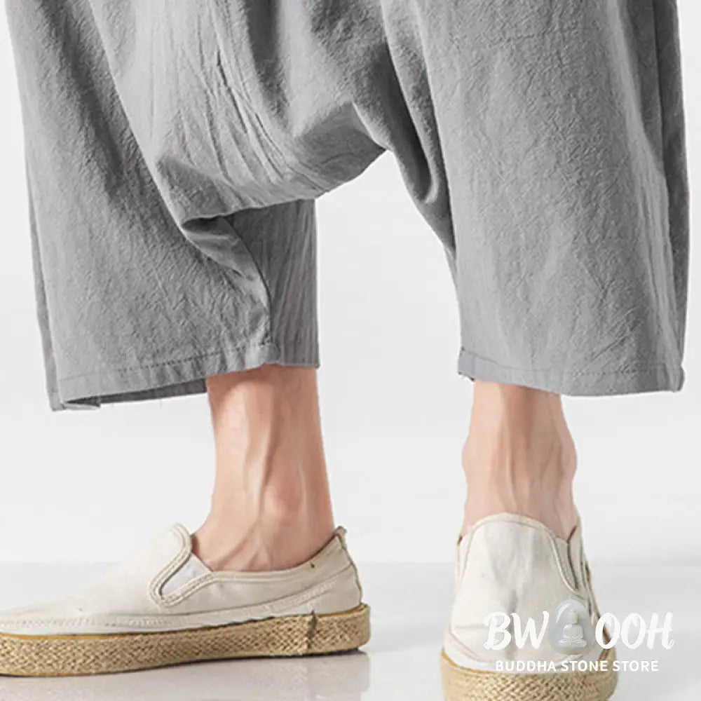 Buddha Stones Casual Low Crotch Design Drawstring Men’s 7-8 Length Cotton Linen Wide Leg Pants With Pockets - Men’s