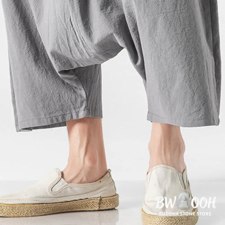 Buddha Stones Casual Low Crotch Design Drawstring Men’s 7-8 Length Cotton Linen Wide Leg Pants With Pockets - Men’s