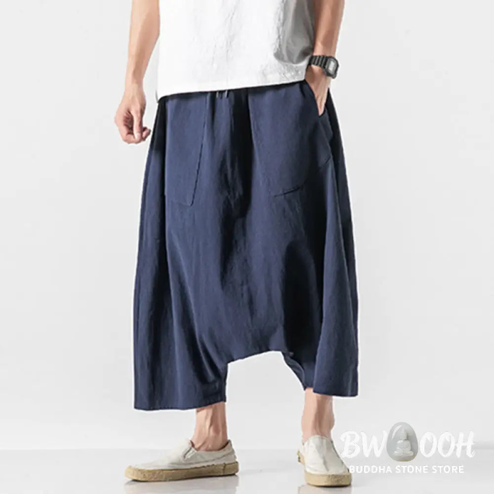 Buddha Stones Casual Low Crotch Design Drawstring Men’s 7-8 Length Cotton Linen Wide Leg Pants With Pockets - Men’s