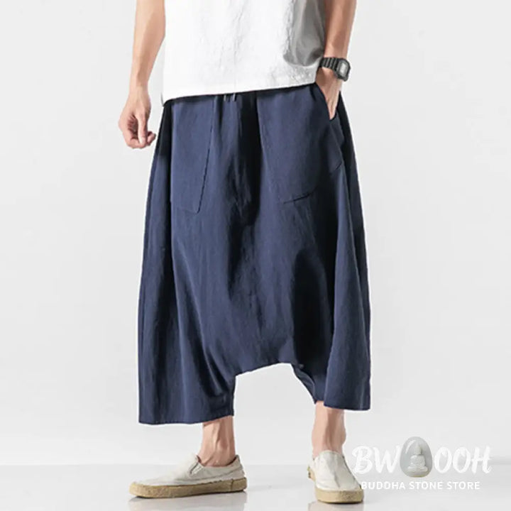 Buddha Stones Casual Low Crotch Design Drawstring Men’s 7-8 Length Cotton Linen Wide Leg Pants With Pockets - Men’s