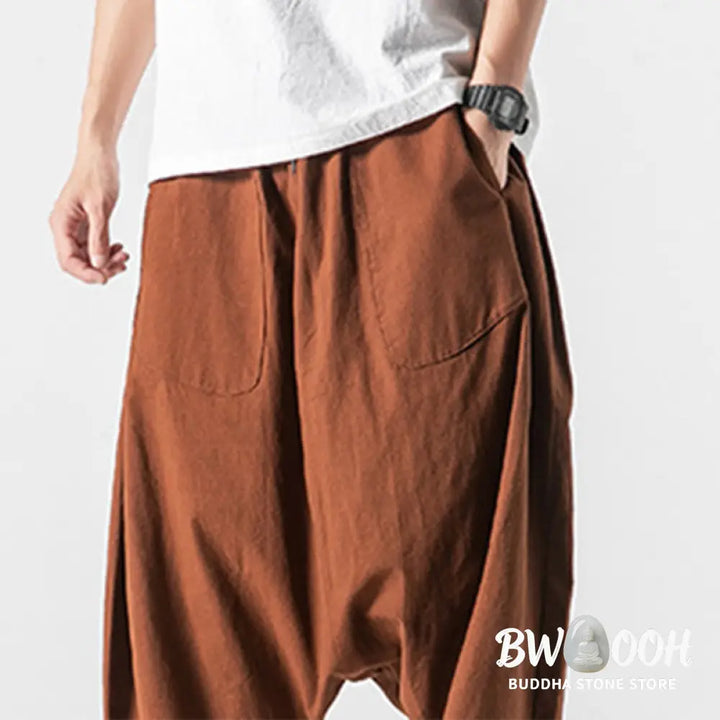 Buddha Stones Casual Low Crotch Design Drawstring Men’s 7-8 Length Cotton Linen Wide Leg Pants With Pockets - Men’s