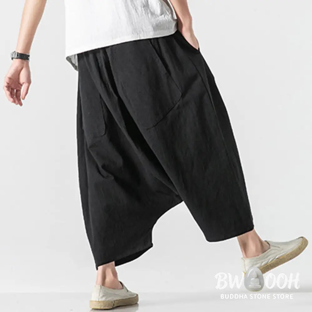 Buddha Stones Casual Low Crotch Design Drawstring Men’s 7-8 Length Cotton Linen Wide Leg Pants With Pockets - Men’s