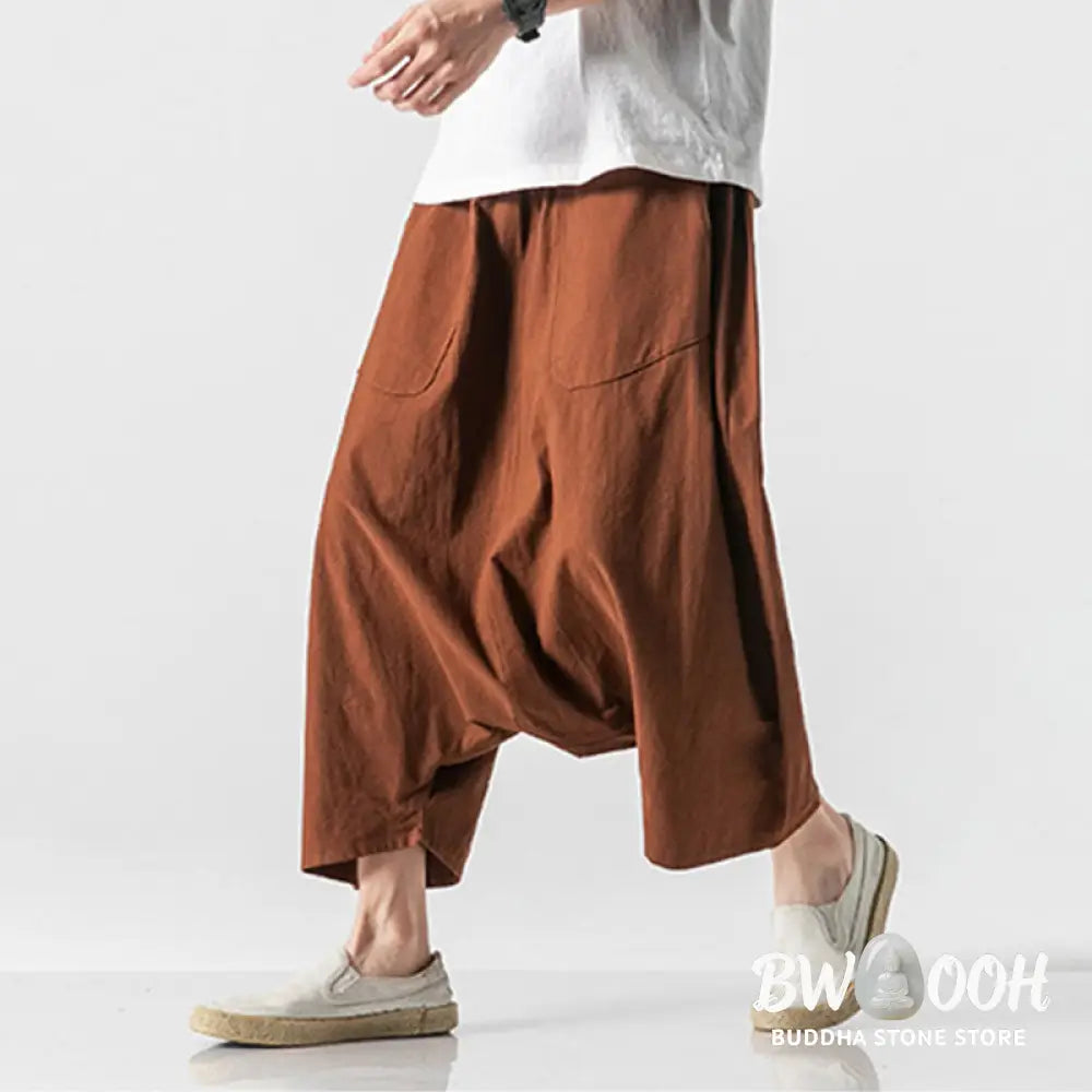 Buddha Stones Casual Low Crotch Design Drawstring Men’s 7-8 Length Cotton Linen Wide Leg Pants With Pockets - Men’s