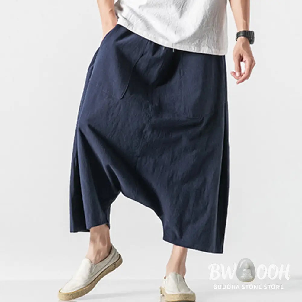 Buddha Stones Casual Low Crotch Design Drawstring Men’s 7-8 Length Cotton Linen Wide Leg Pants With Pockets - Men’s