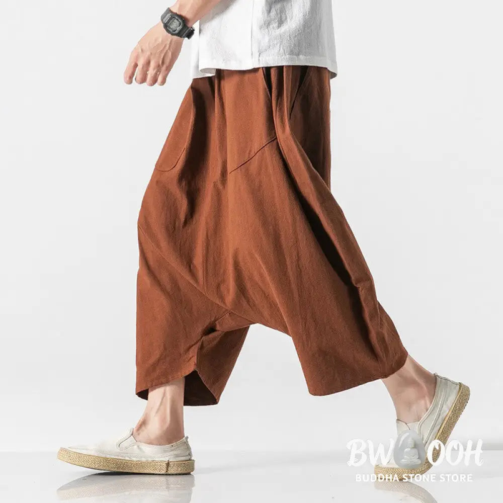 Buddha Stones Casual Low Crotch Design Drawstring Men’s 7-8 Length Cotton Linen Wide Leg Pants With Pockets - Men’s