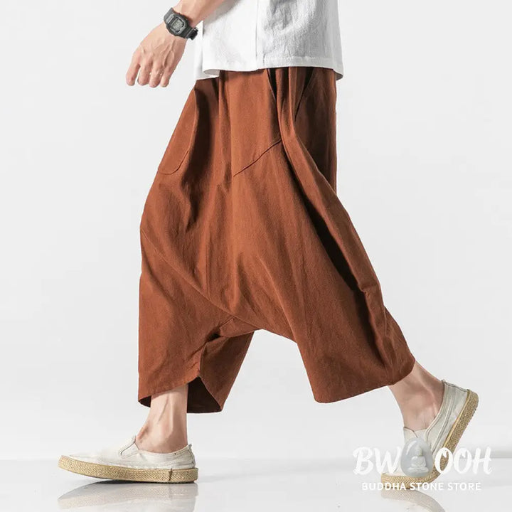 Buddha Stones Casual Low Crotch Design Drawstring Men’s 7-8 Length Cotton Linen Wide Leg Pants With Pockets - Men’s