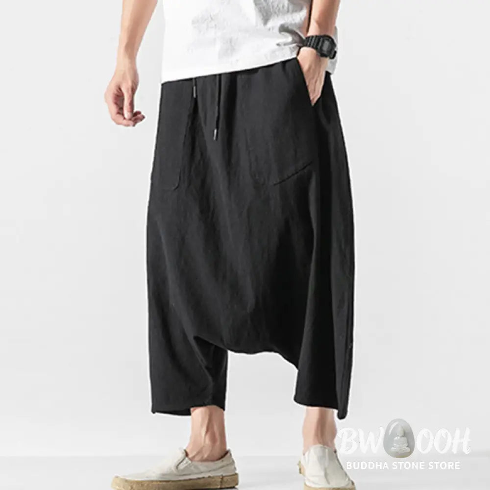 Buddha Stones Casual Low Crotch Design Drawstring Men’s 7-8 Length Cotton Linen Wide Leg Pants With Pockets - Men’s