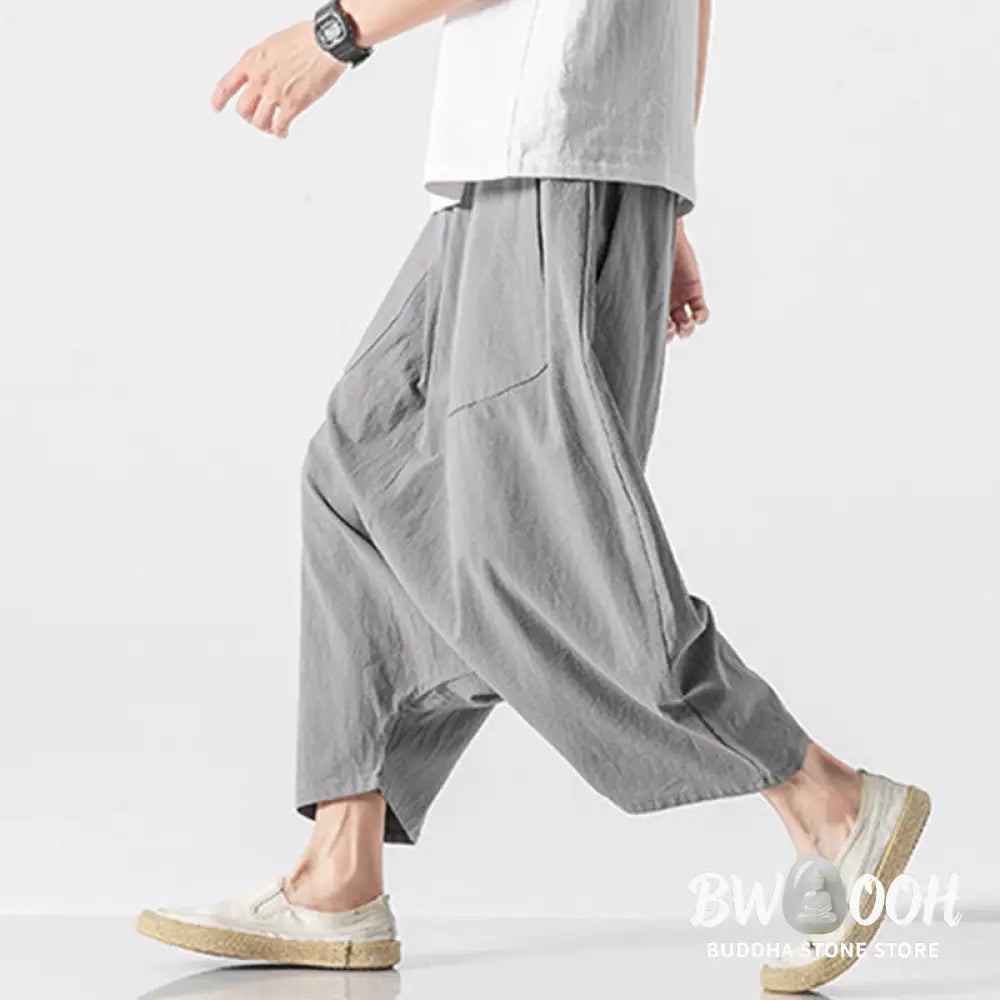 Buddha Stones Casual Low Crotch Design Drawstring Men’s 7-8 Length Cotton Linen Wide Leg Pants With Pockets - Men’s