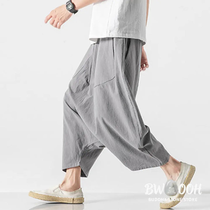 Buddha Stones Casual Low Crotch Design Drawstring Men’s 7-8 Length Cotton Linen Wide Leg Pants With Pockets - Men’s