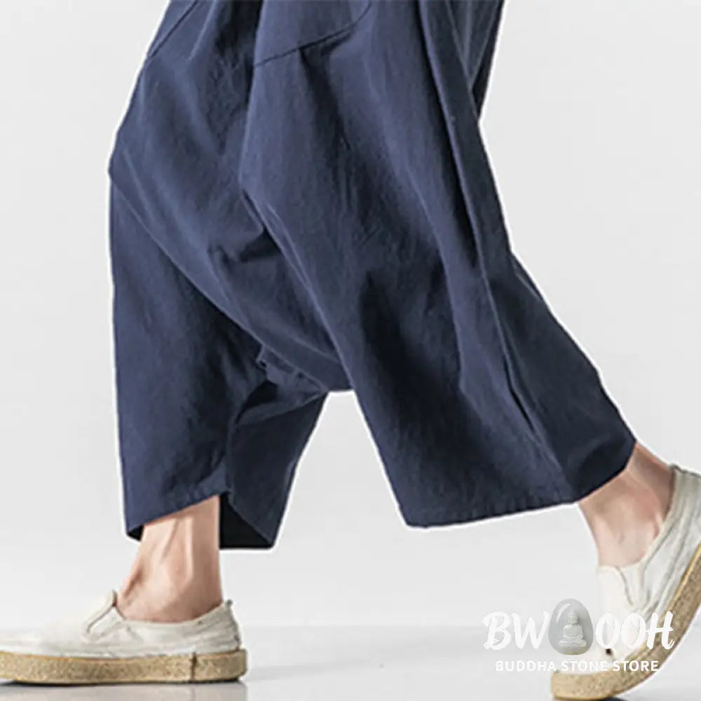 Buddha Stones Casual Low Crotch Design Drawstring Men’s 7-8 Length Cotton Linen Wide Leg Pants With Pockets - Men’s