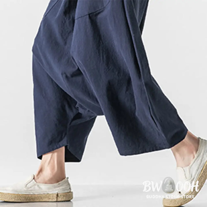 Buddha Stones Casual Low Crotch Design Drawstring Men’s 7-8 Length Cotton Linen Wide Leg Pants With Pockets - Men’s