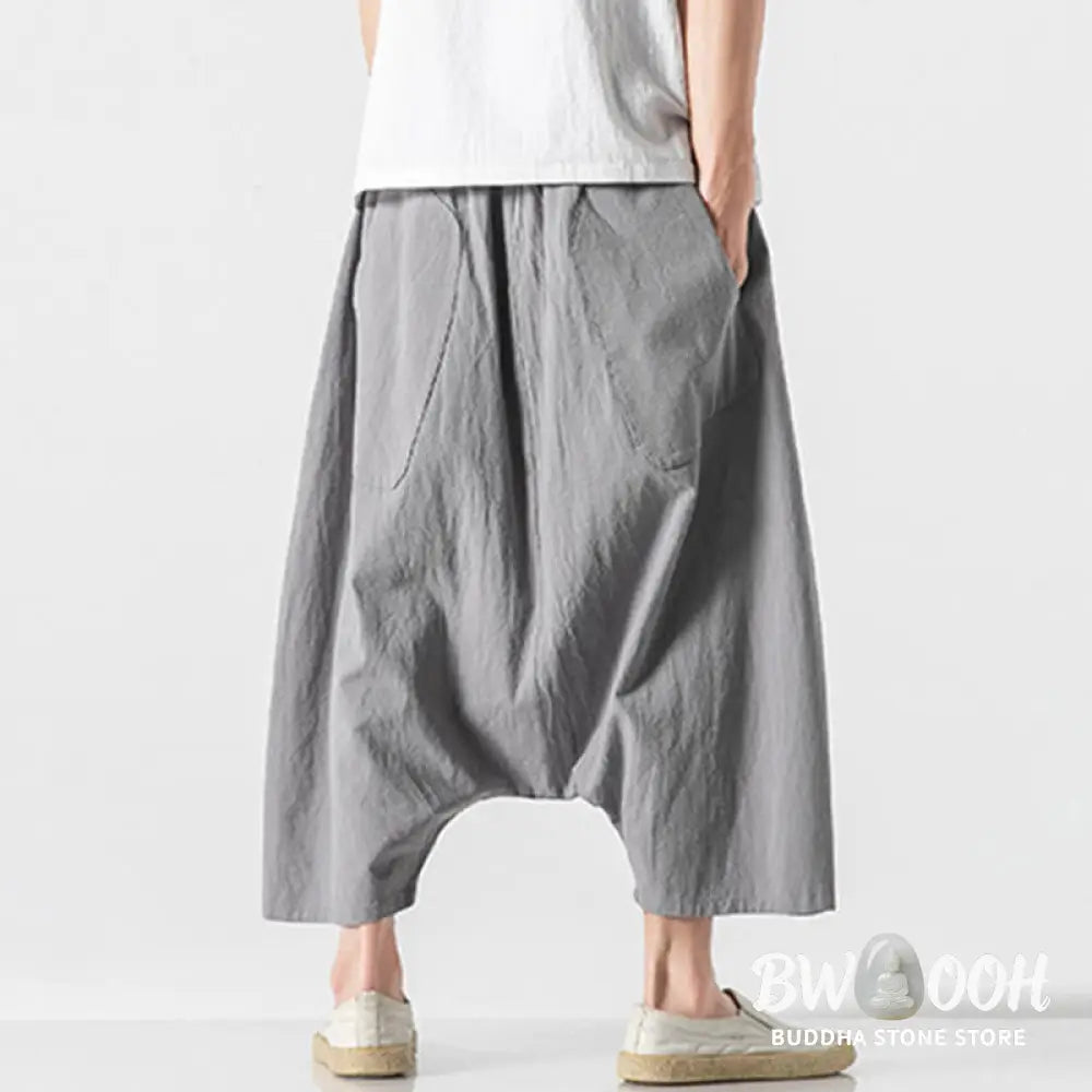 Buddha Stones Casual Low Crotch Design Drawstring Men’s 7-8 Length Cotton Linen Wide Leg Pants With Pockets - Men’s