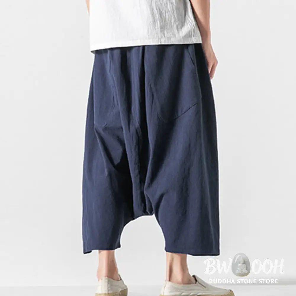 Buddha Stones Casual Low Crotch Design Drawstring Men’s 7-8 Length Cotton Linen Wide Leg Pants With Pockets - Men’s