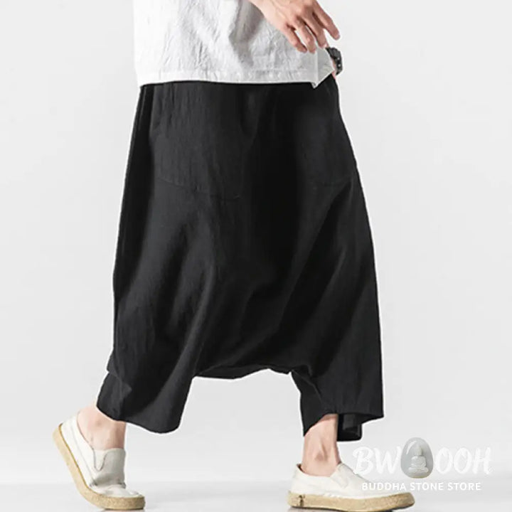 Buddha Stones Casual Low Crotch Design Drawstring Men’s 7-8 Length Cotton Linen Wide Leg Pants With Pockets - Men’s