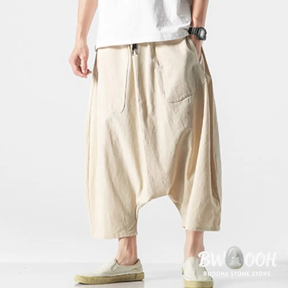 Buddha Stones Casual Low Crotch Design Drawstring Men’s 7-8 Length Cotton Linen Wide Leg Pants With Pockets - Men’s