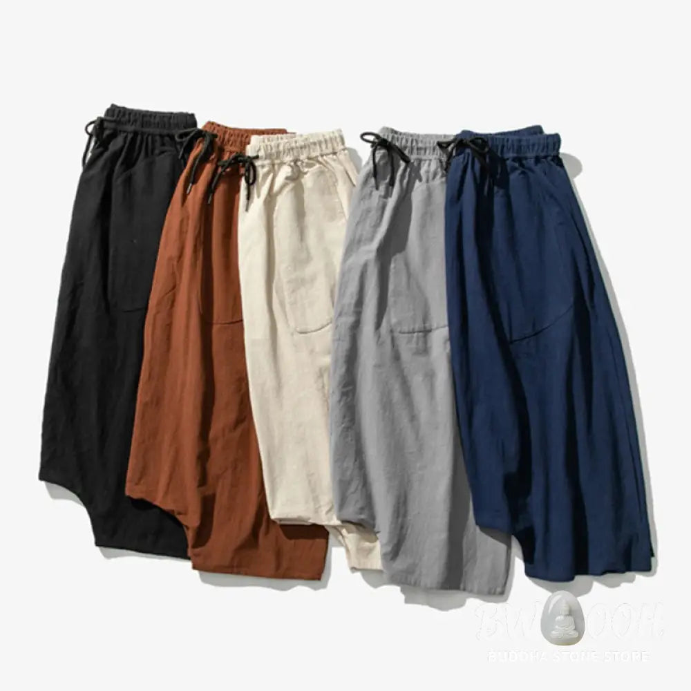 Buddha Stones Casual Low Crotch Design Drawstring Men’s 7-8 Length Cotton Linen Wide Leg Pants With Pockets - Men’s