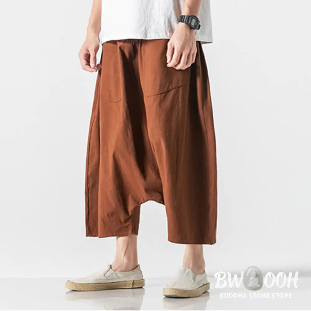 Buddha Stones Casual Low Crotch Design Drawstring Men’s 7-8 Length Cotton Linen Wide Leg Pants With Pockets - Men’s
