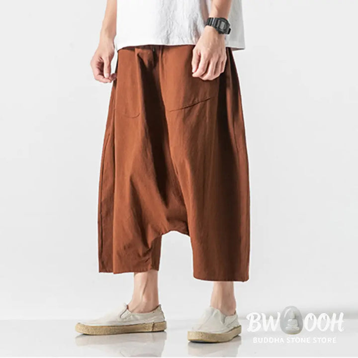 Buddha Stones Casual Low Crotch Design Drawstring Men’s 7-8 Length Cotton Linen Wide Leg Pants With Pockets - Men’s