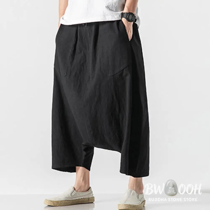 Buddha Stones Casual Low Crotch Design Drawstring Men’s 7-8 Length Cotton Linen Wide Leg Pants With Pockets - Men’s