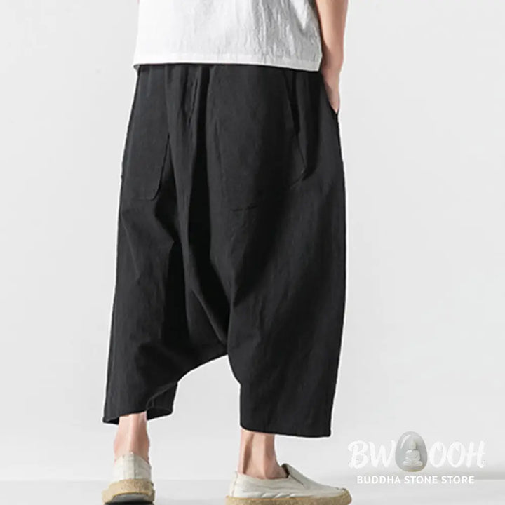 Buddha Stones Casual Low Crotch Design Drawstring Men’s 7-8 Length Cotton Linen Wide Leg Pants With Pockets - Men’s