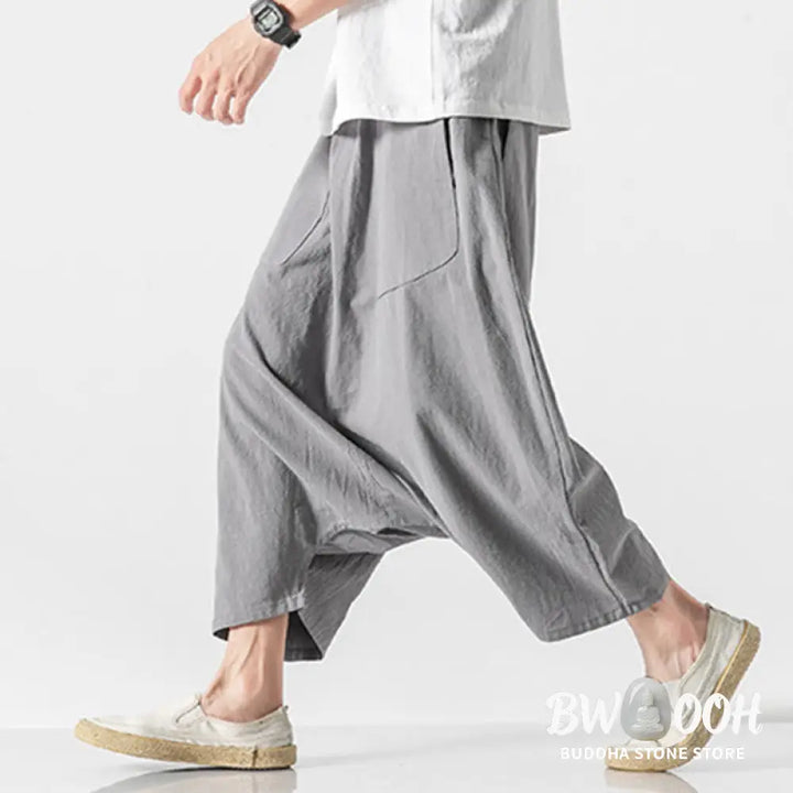 Buddha Stones Casual Low Crotch Design Drawstring Men’s 7-8 Length Cotton Linen Wide Leg Pants With Pockets - Men’s