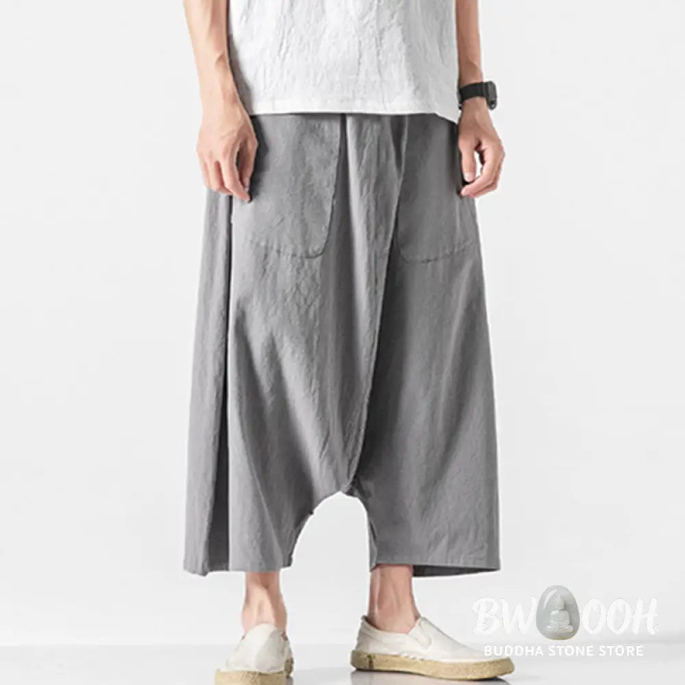 Buddha Stones Casual Low Crotch Design Drawstring Men’s 7-8 Length Cotton Linen Wide Leg Pants With Pockets - Men’s