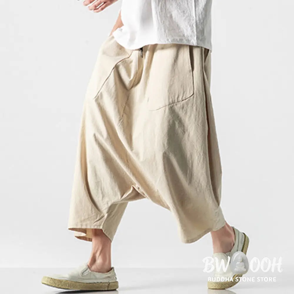 Buddha Stones Casual Low Crotch Design Drawstring Men’s 7-8 Length Cotton Linen Wide Leg Pants With Pockets - Men’s