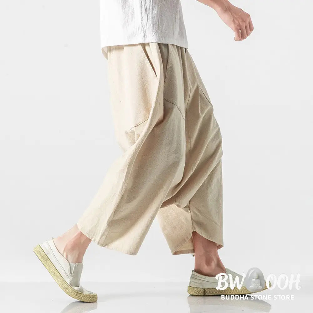 Buddha Stones Casual Low Crotch Design Drawstring Men’s 7-8 Length Cotton Linen Wide Leg Pants With Pockets - Men’s