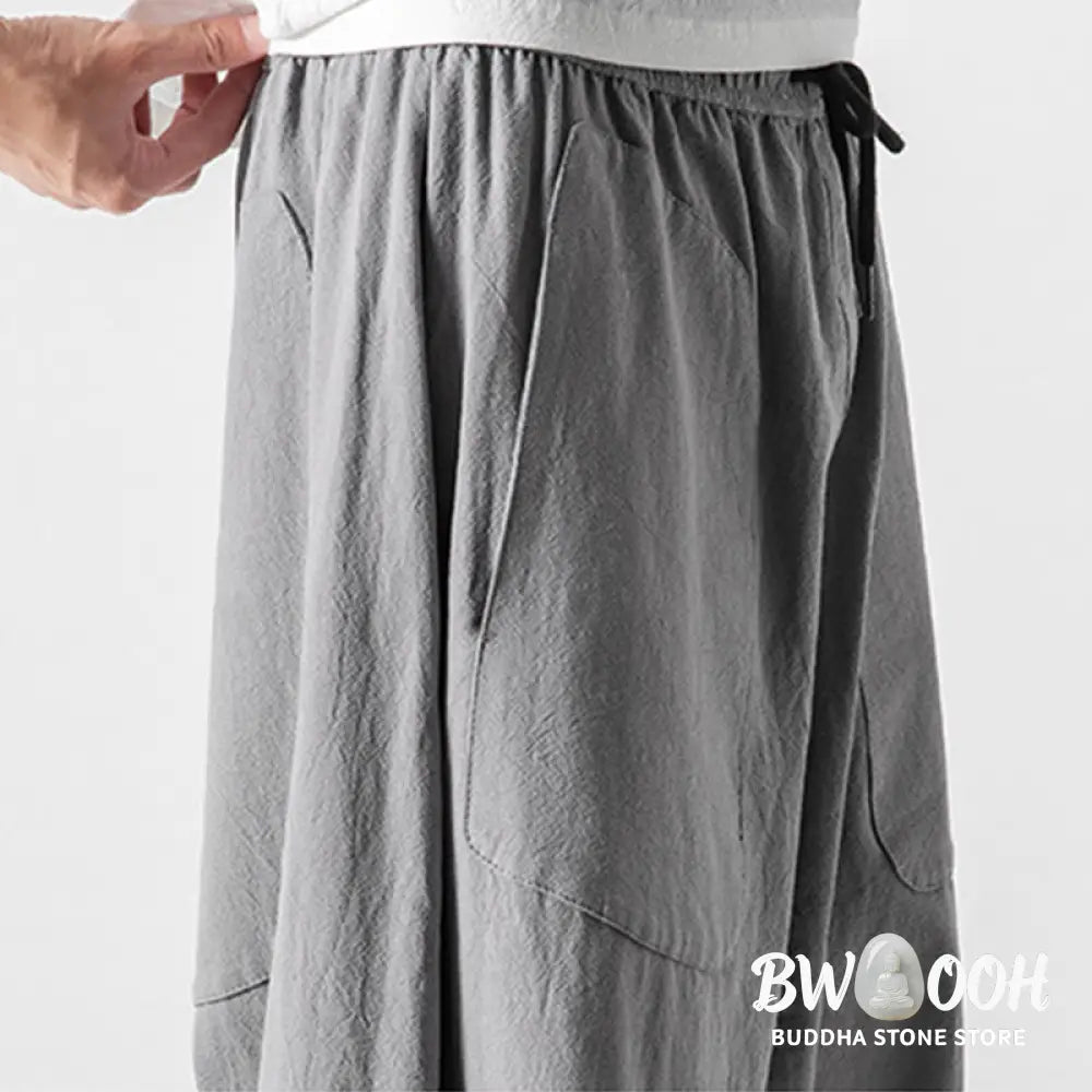 Buddha Stones Casual Low Crotch Design Drawstring Men’s 7-8 Length Cotton Linen Wide Leg Pants With Pockets - Men’s