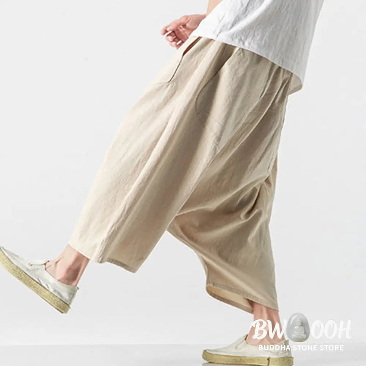 Buddha Stones Casual Low Crotch Design Drawstring Men’s 7-8 Length Cotton Linen Wide Leg Pants With Pockets - Men’s