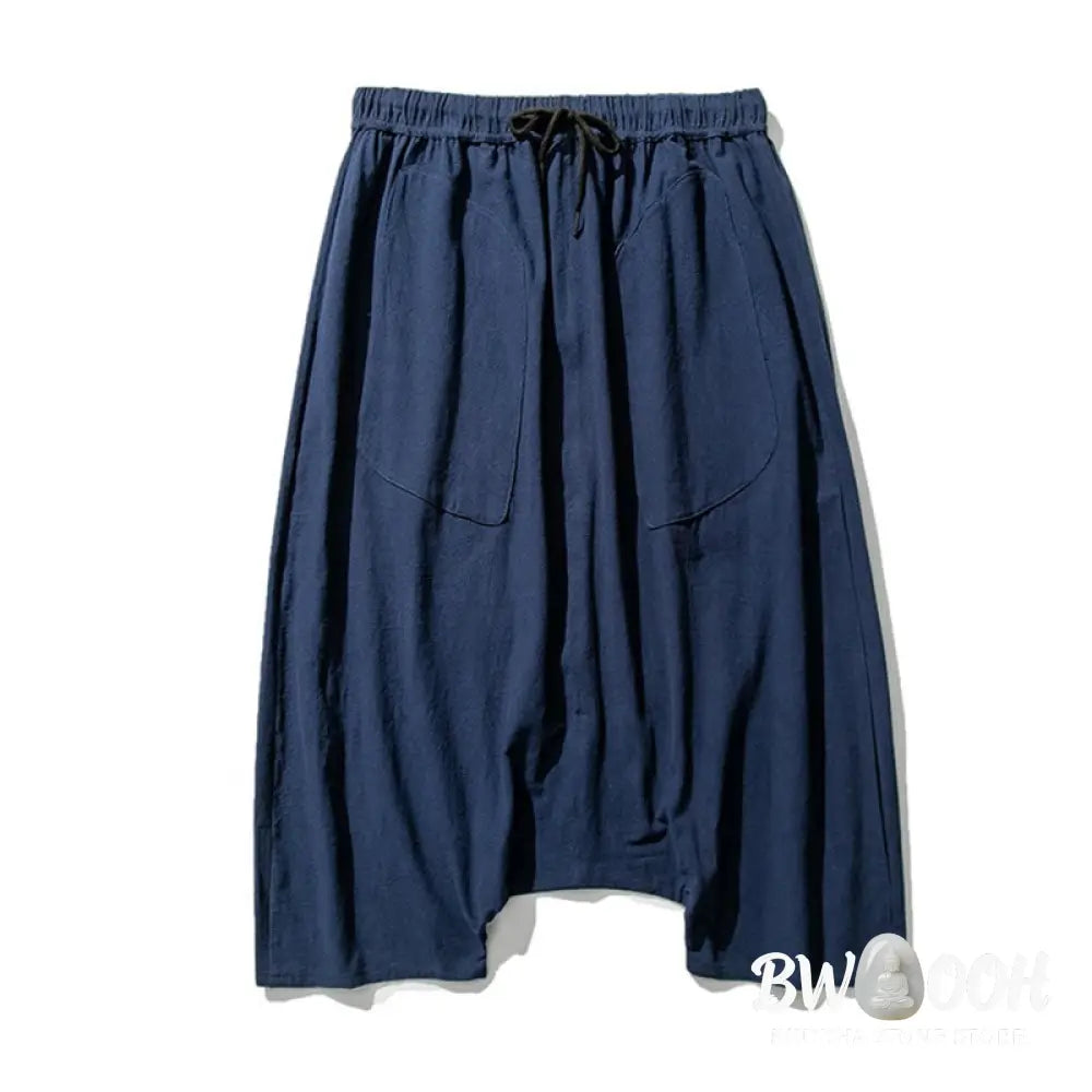 Buddha Stones Casual Low Crotch Design Drawstring Men’s 7-8 Length Cotton Linen Wide Leg Pants With Pockets - Men’s