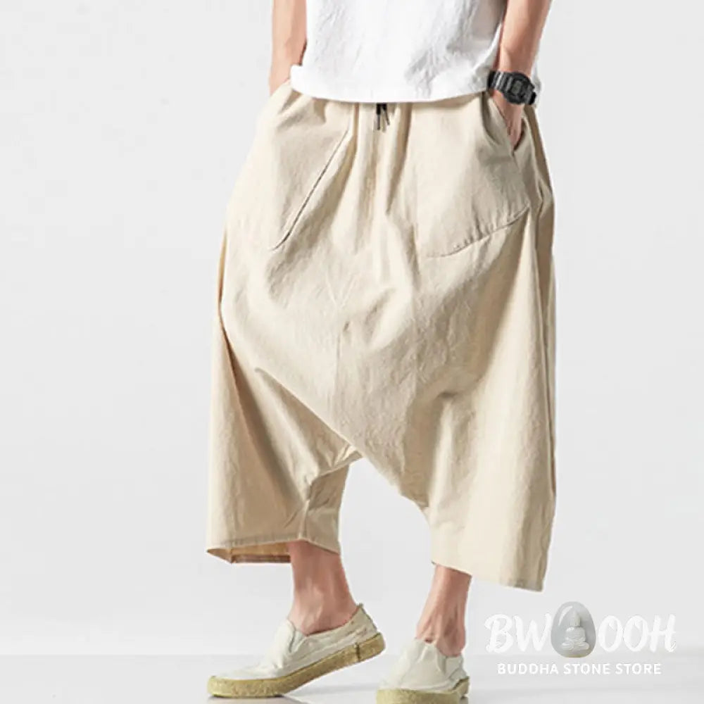 Buddha Stones Casual Low Crotch Design Drawstring Men’s 7-8 Length Cotton Linen Wide Leg Pants With Pockets - Men’s
