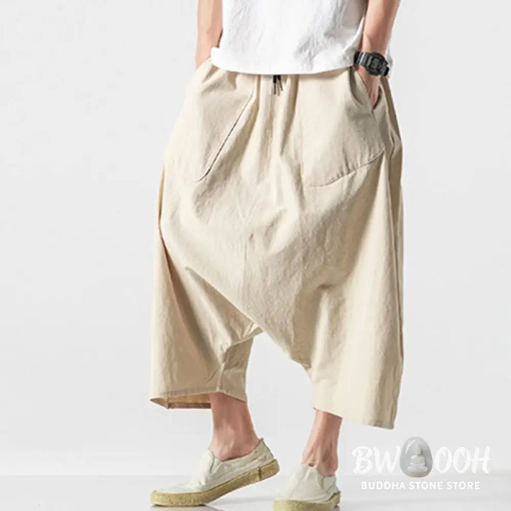 Buddha Stones Casual Low Crotch Design Drawstring Men’s 7-8 Length Cotton Linen Wide Leg Pants With Pockets - Men’s