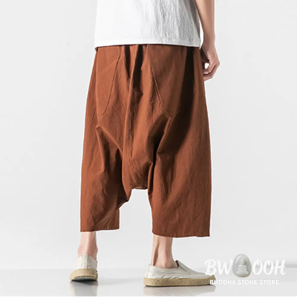 Buddha Stones Casual Low Crotch Design Drawstring Men’s 7-8 Length Cotton Linen Wide Leg Pants With Pockets - Men’s
