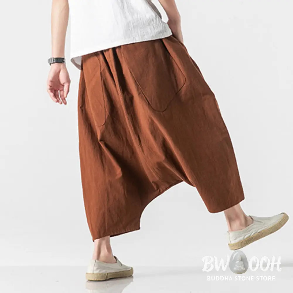 Buddha Stones Casual Low Crotch Design Drawstring Men’s 7-8 Length Cotton Linen Wide Leg Pants With Pockets - Men’s