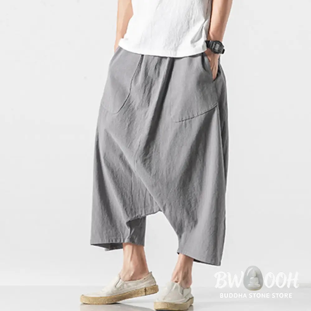 Buddha Stones Casual Low Crotch Design Drawstring Men’s 7-8 Length Cotton Linen Wide Leg Pants With Pockets - Men’s