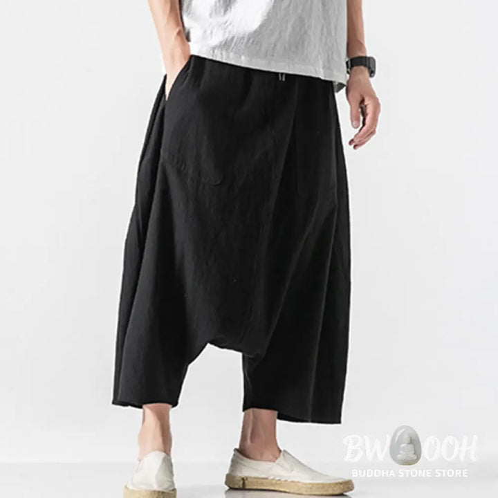 Buddha Stones Casual Low Crotch Design Drawstring Men’s 7-8 Length Cotton Linen Wide Leg Pants With Pockets - Men’s