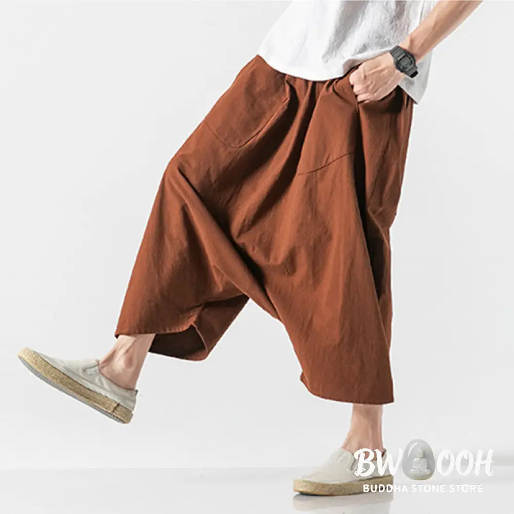 Buddha Stones Casual Low Crotch Design Drawstring Men’s 7-8 Length Cotton Linen Wide Leg Pants With Pockets - Men’s