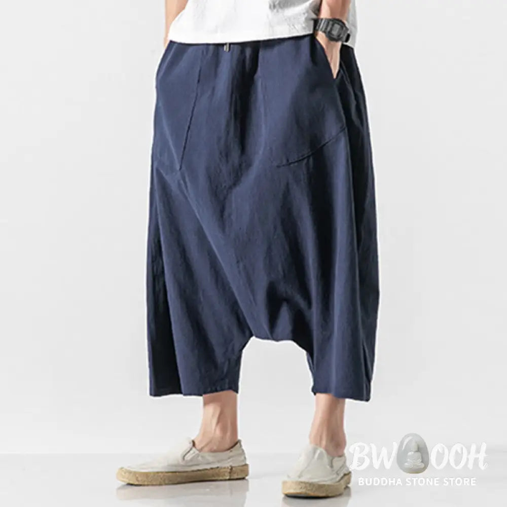Buddha Stones Casual Low Crotch Design Drawstring Men’s 7-8 Length Cotton Linen Wide Leg Pants With Pockets - Men’s