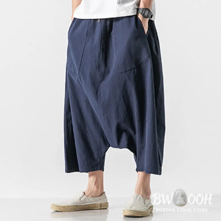 Buddha Stones Casual Low Crotch Design Drawstring Men’s 7-8 Length Cotton Linen Wide Leg Pants With Pockets - Men’s