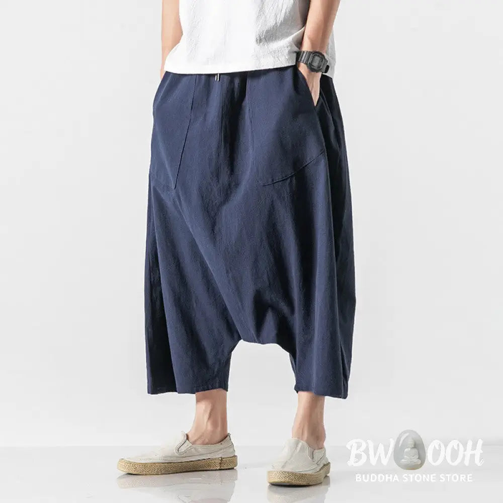 Buddha Stones Casual Low Crotch Design Drawstring Men’s 7-8 Length Cotton Linen Wide Leg Pants With Pockets - Men’s