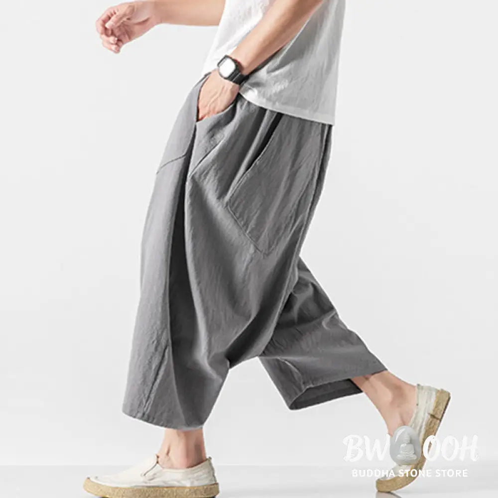Buddha Stones Casual Low Crotch Design Drawstring Men’s 7-8 Length Cotton Linen Wide Leg Pants With Pockets - Men’s