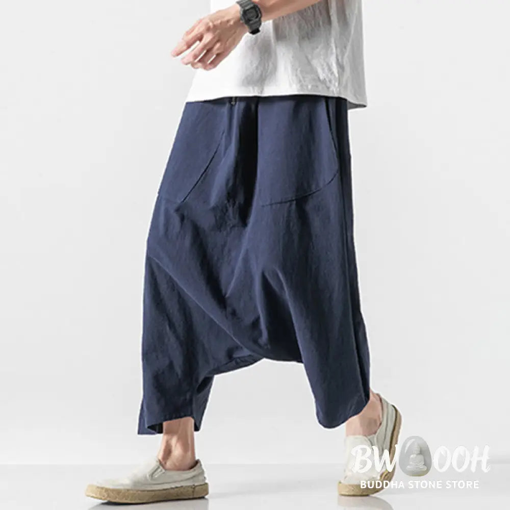 Buddha Stones Casual Low Crotch Design Drawstring Men’s 7-8 Length Cotton Linen Wide Leg Pants With Pockets - Men’s