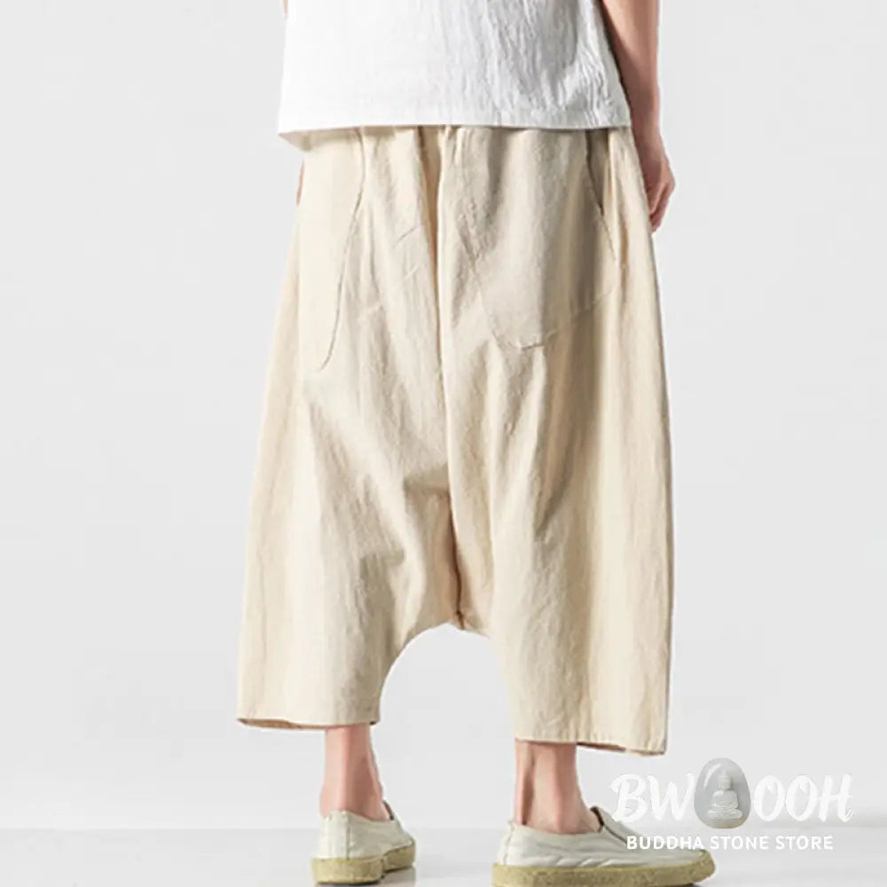 Buddha Stones Casual Low Crotch Design Drawstring Men’s 7-8 Length Cotton Linen Wide Leg Pants With Pockets - Men’s