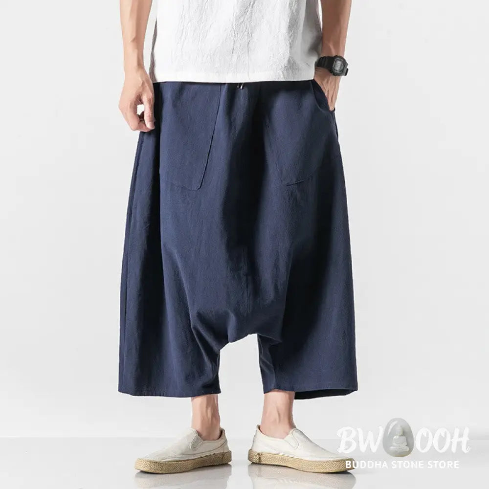 Buddha Stones Casual Low Crotch Design Drawstring Men’s 7-8 Length Cotton Linen Wide Leg Pants With Pockets - Men’s