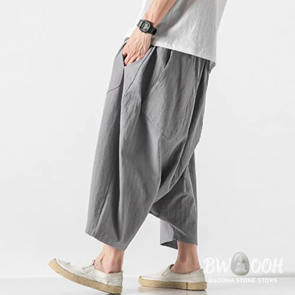 Buddha Stones Casual Low Crotch Design Drawstring Men’s 7-8 Length Cotton Linen Wide Leg Pants With Pockets - Men’s