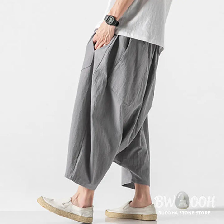 Buddha Stones Casual Low Crotch Design Drawstring Men’s 7-8 Length Cotton Linen Wide Leg Pants With Pockets - Men’s