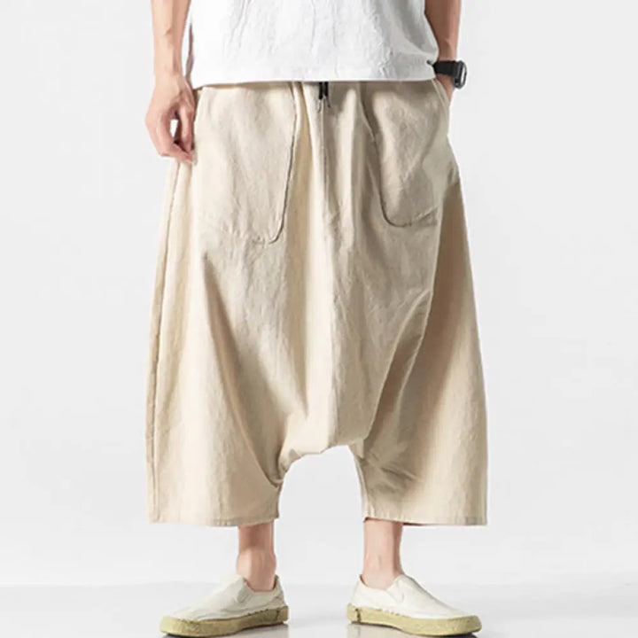 Buddha Stones Casual Low Crotch Design Drawstring Men’s 7-8 Length Cotton Linen Wide Leg Pants With Pockets - Beige