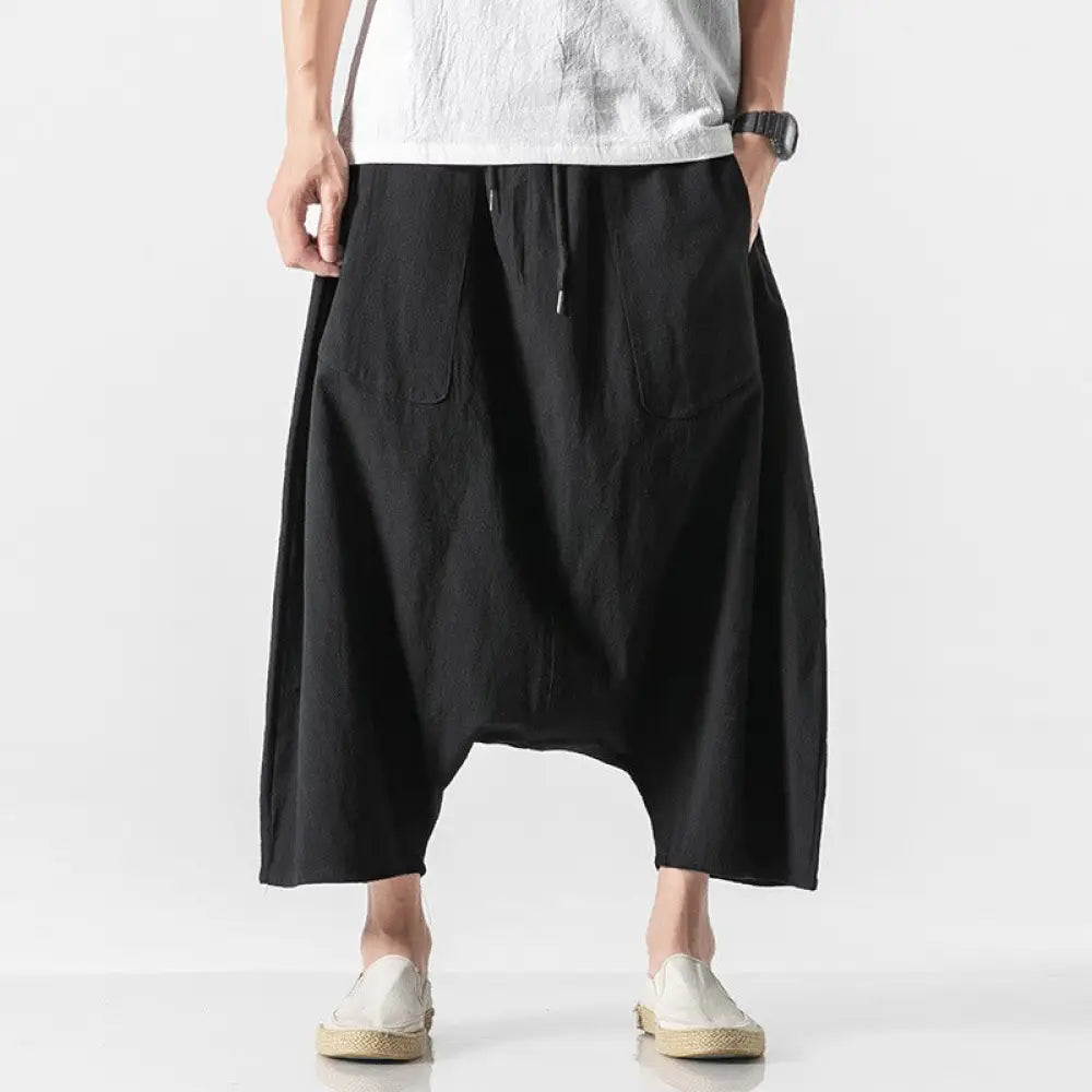 Buddha Stones Casual Low Crotch Design Drawstring Men’s 7-8 Length Cotton Linen Wide Leg Pants With Pockets - Black