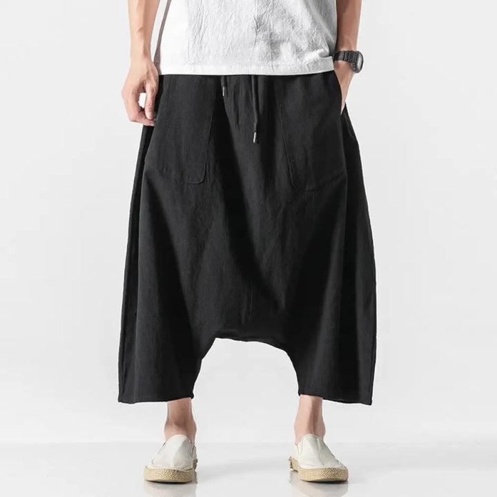 Buddha Stones Casual Low Crotch Design Drawstring Men’s 7-8 Length Cotton Linen Wide Leg Pants With Pockets - Black